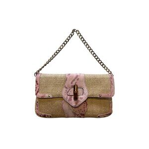 NWT Elaine Turner Pink Python-Accented Straw Clutch w/Gold Chain Strap